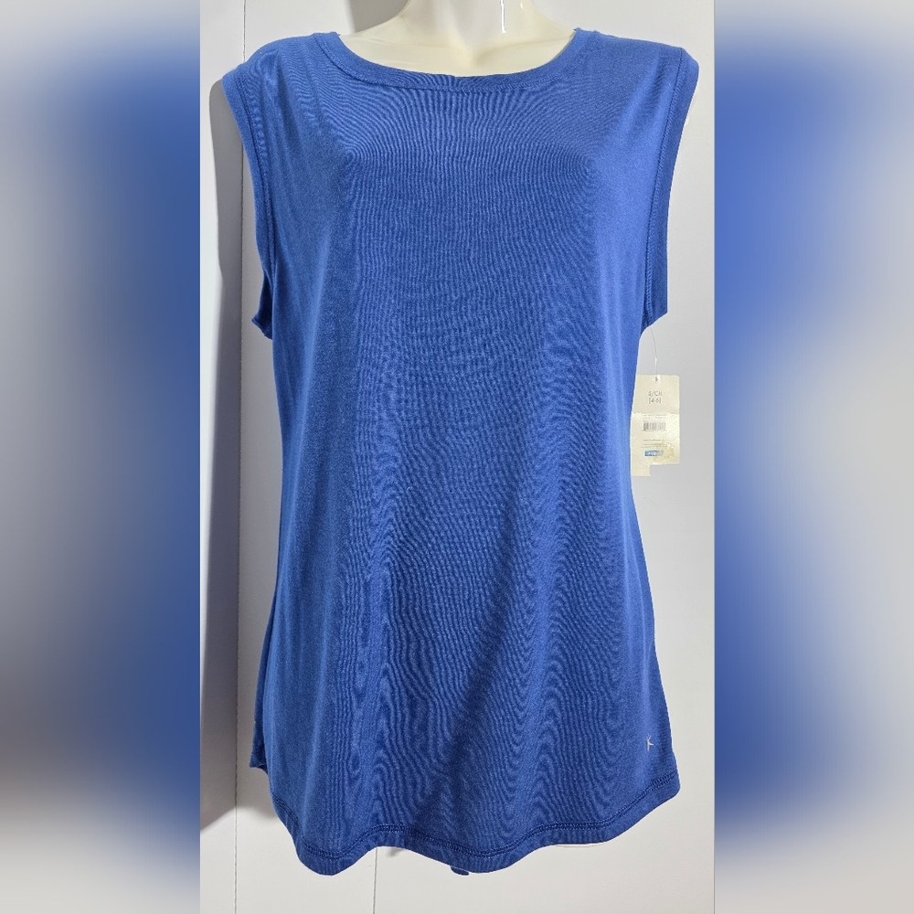 NWT DANSKIN Size S 4-6 Stadium Blue Loose High-Low Split Back Sleeveless Tee